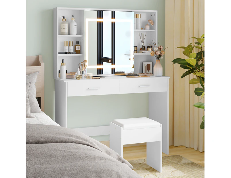 Advwin Dressing Table Stool Set LED Slide Make up Mirror Vanity Desk with Hidden Storage White