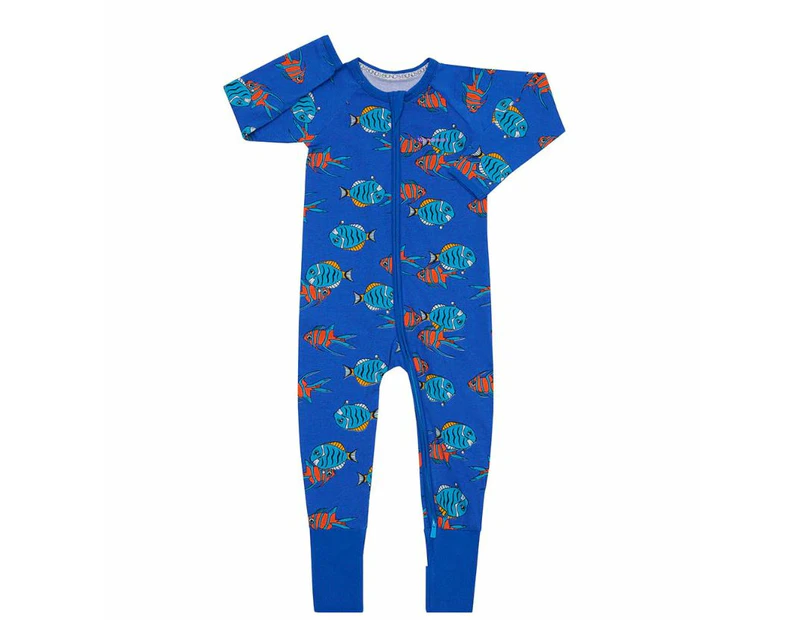 Unisex Baby & Toddler 2 x Bonds Wondersuit Baby 2-Way Zip Coverall Floating Fish Blue Cotton/Elastane - Blue