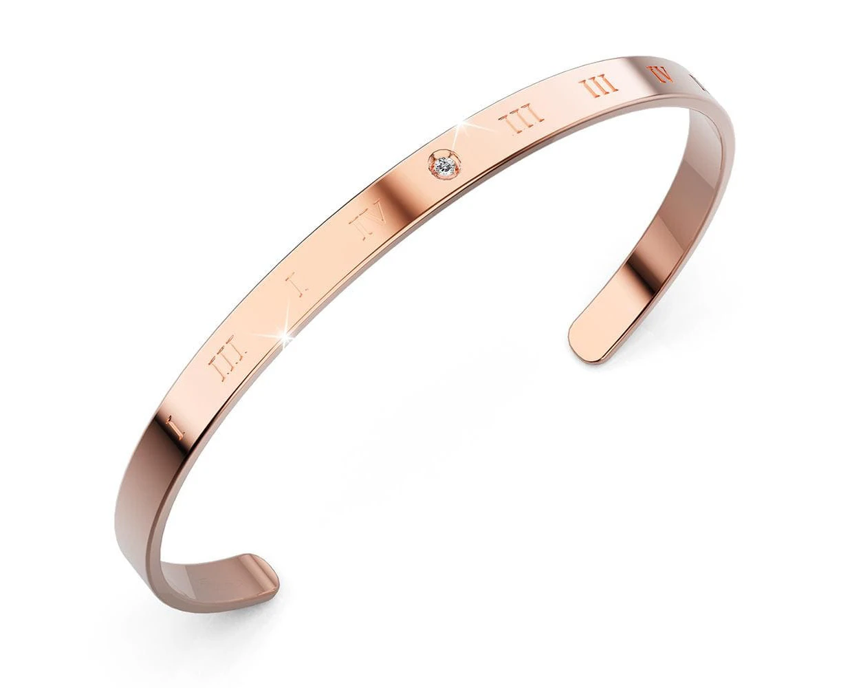 Genuine Single Diamond Set Roman Numerals Cuff Bangle Rose Gold Titanium