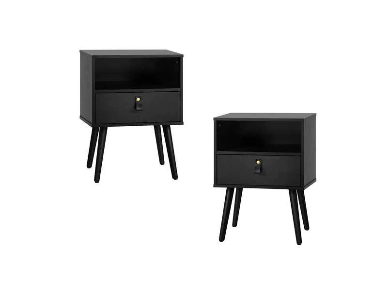 Oikiture 2 X Bedside Tables Side Table w/ Leather Handle Black