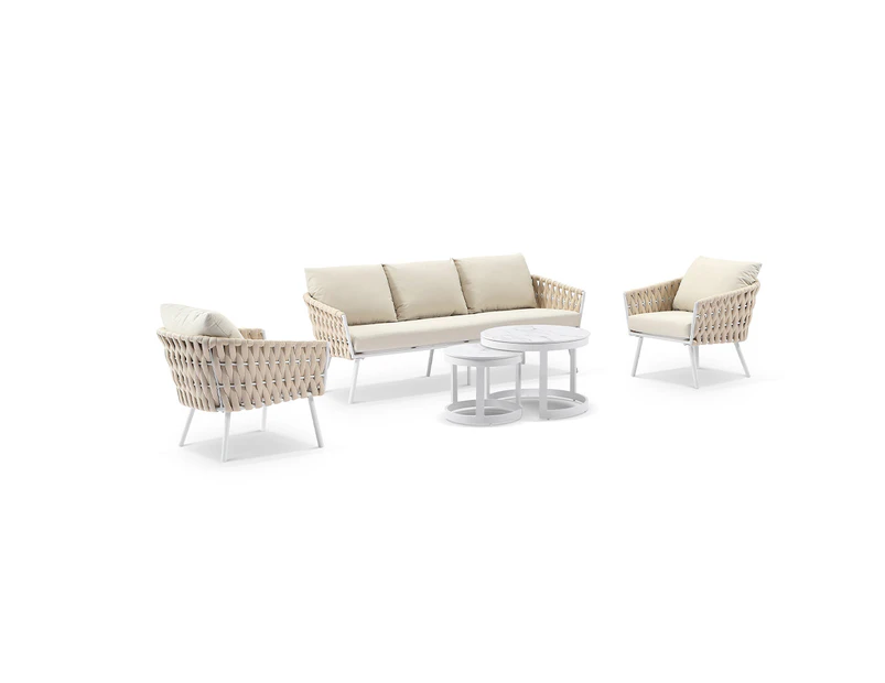 Lismore 3+1+1 Seater Outdoor Aluminium and Rope Lounge Set - Outdoor Aluminium Lounges - White