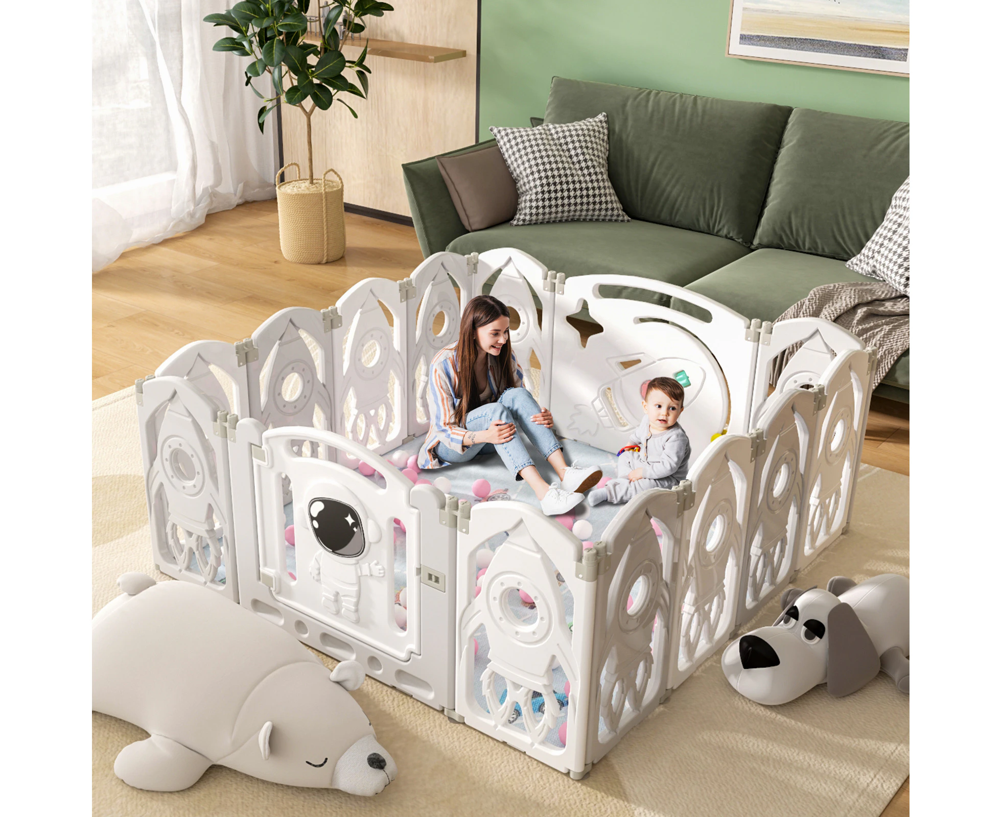 Ufurniture Baby Playpen with Door Foldable Baby Playpen Kids Activity Centre Safety Play Yard Indoor or Outdoor Grey+White 14 Panels