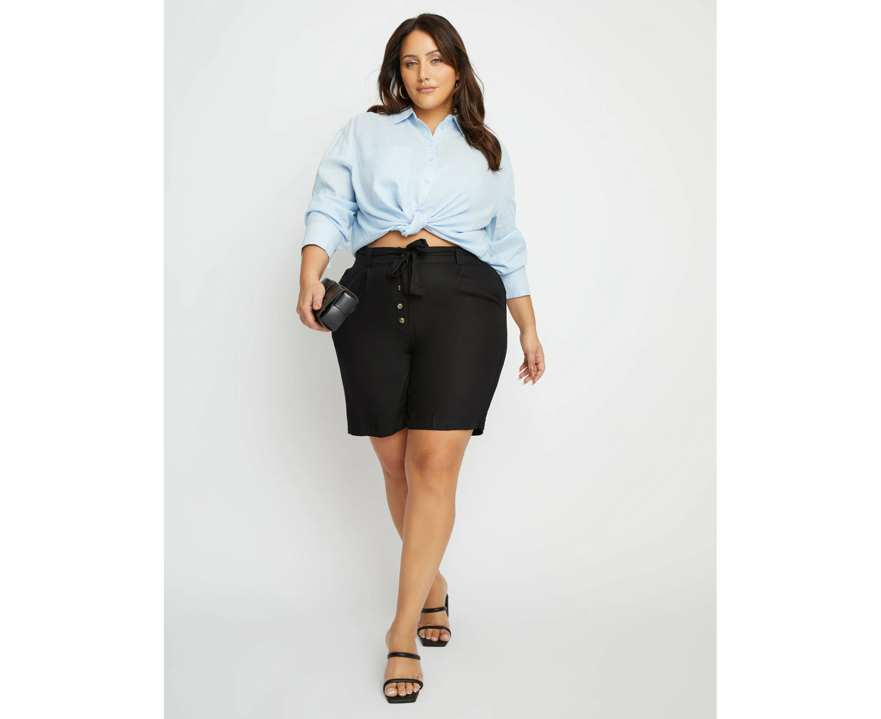 BeMe - Womens Plus Size - Shorts - Summer - Black - Bermuda - High Waisted - Button Front Tie Waist - Casual Fashion - Office Wear - Work Clothes