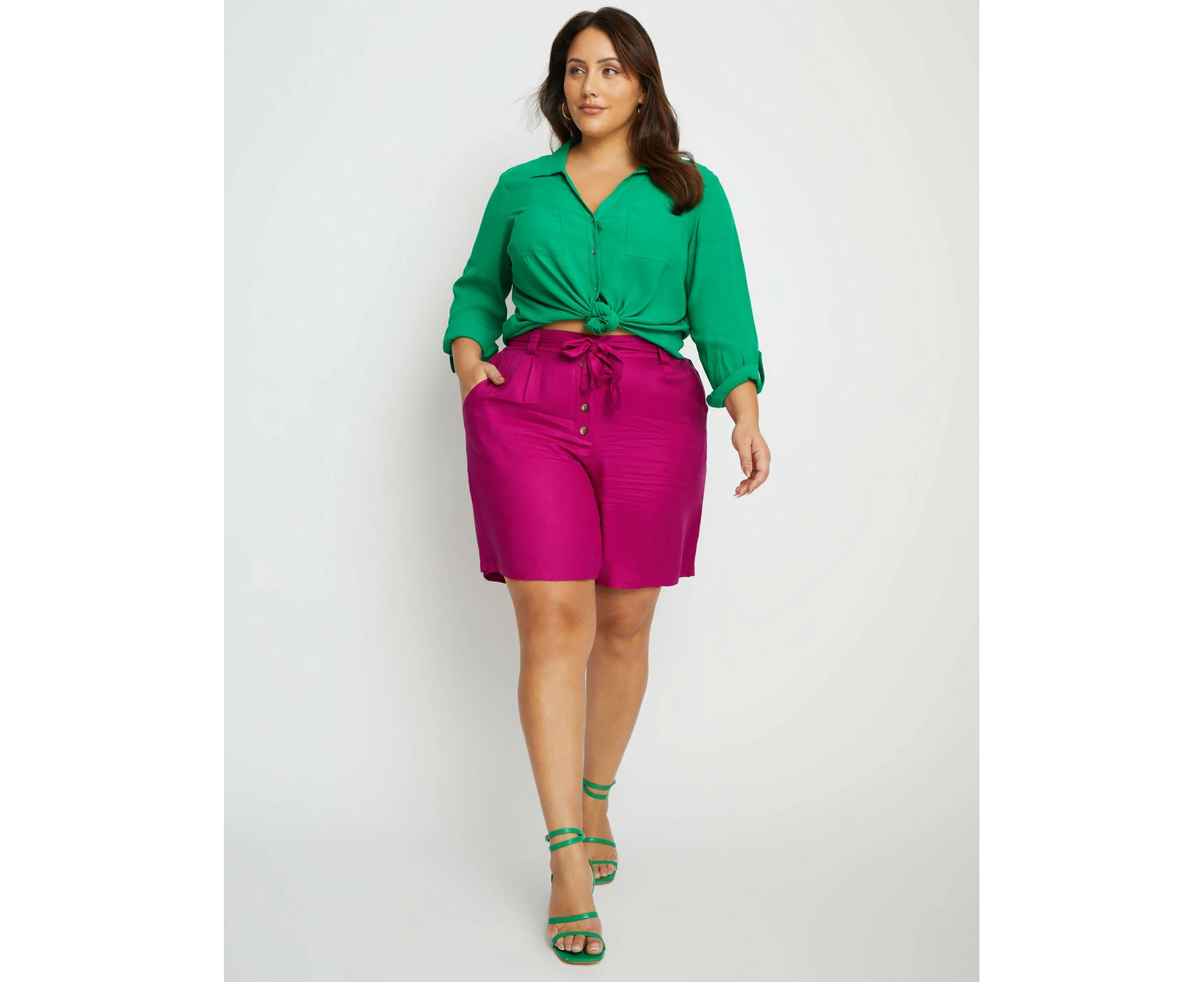 BeMe - Womens Plus Size - Shorts - Summer - Pink - Bermuda - Rouge - High Waisted - Button Front Tie Waist - Casual Fashion - Office Wear Work Clothes