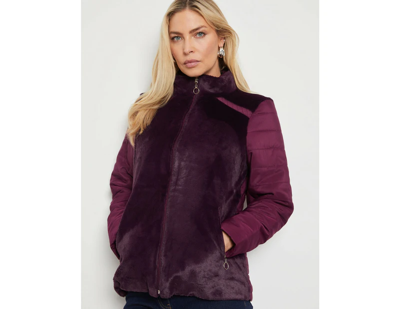 NONI B - Womens Jacket - Fur Panel Puffer Jacket - Purple