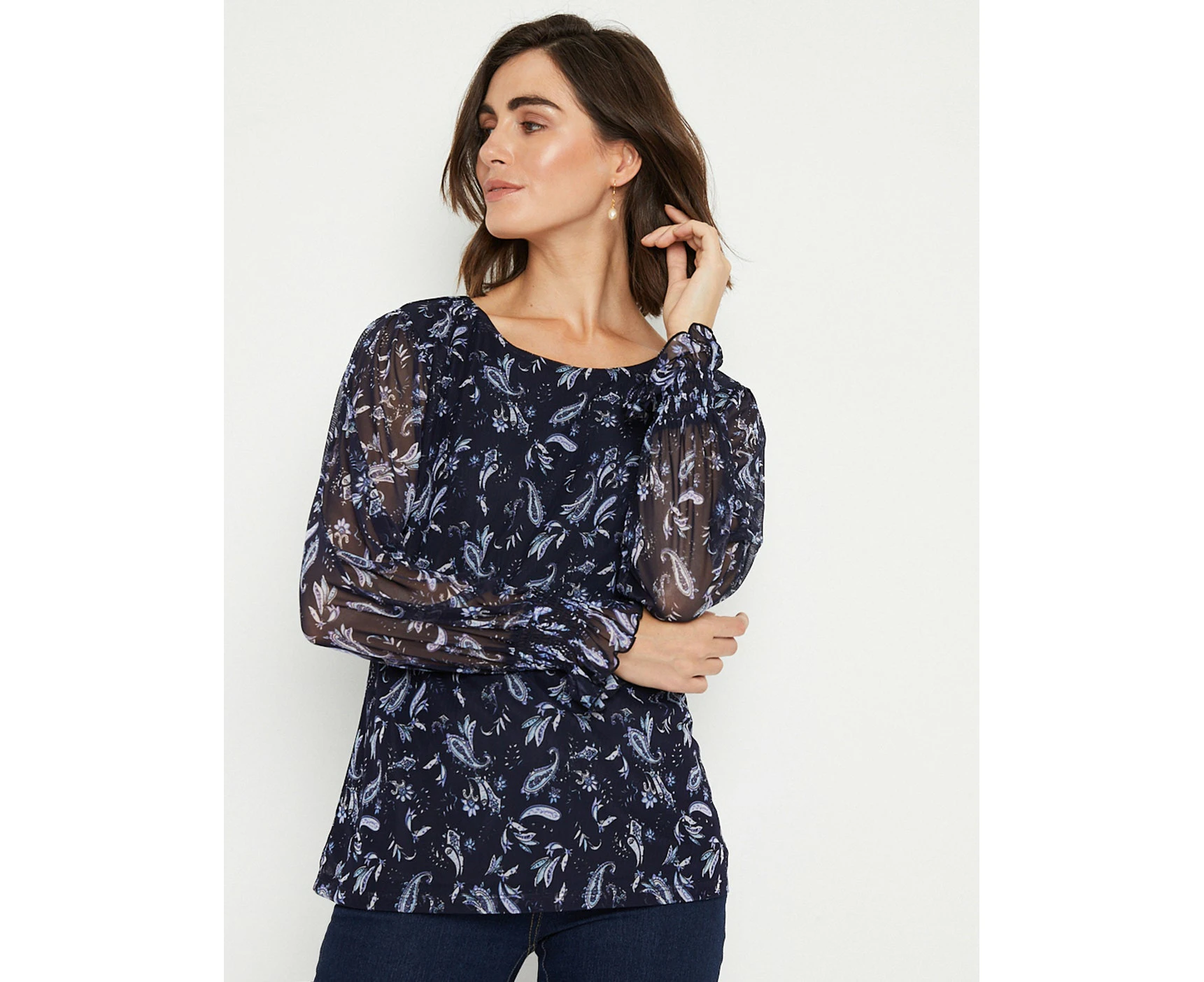 Noni B - Womens Summer Tops - Blue Basic - Paisley - Office Wear - Work Clothes - Navy Blazer - Long Sleeve - Mesh - Smart Casual - Fashion Outfit