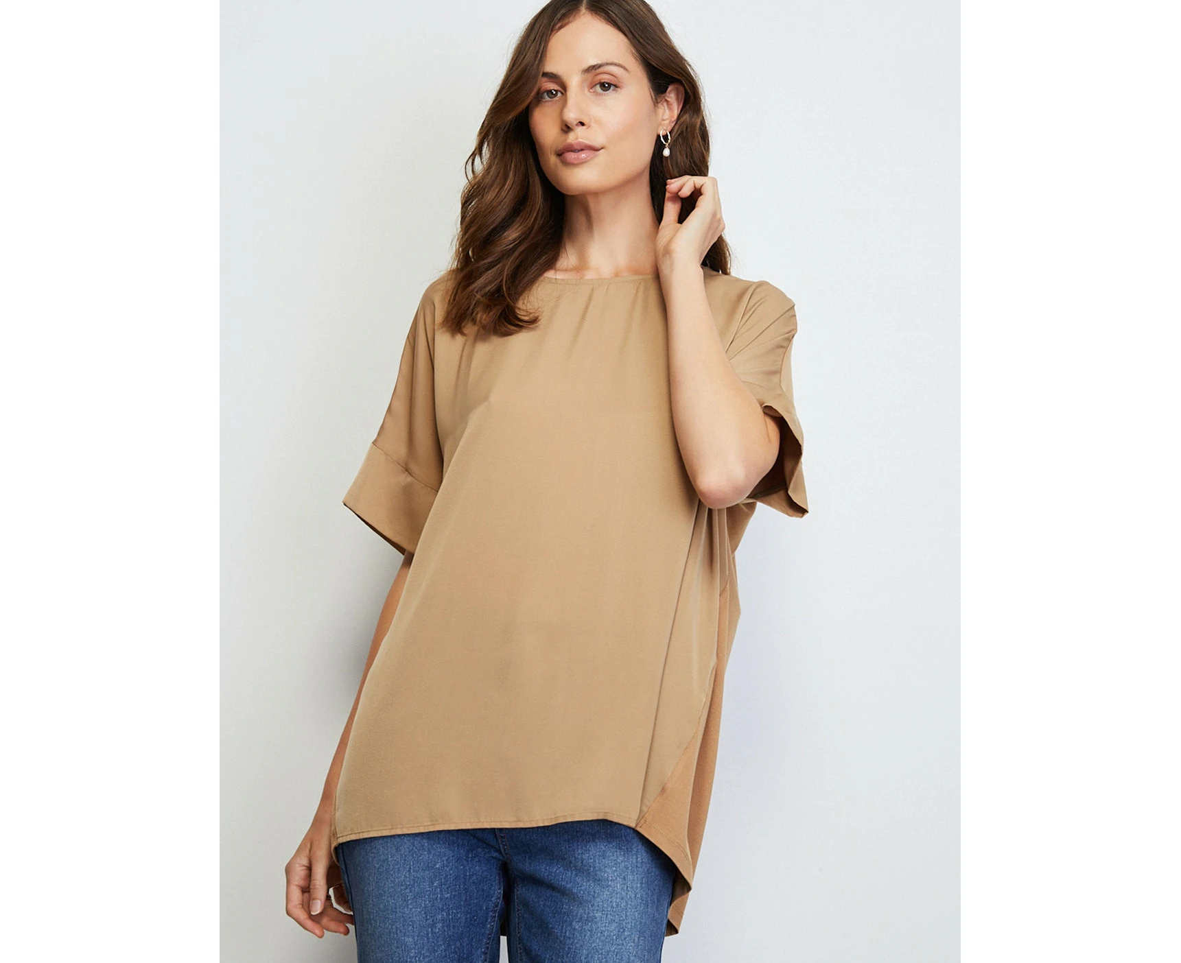 Liz Jordan - Womens Summer Tops - Brown Basic - Vivid - Office Wear Work Clothes - Tiger'S Eye - Elbow Sleeve - Satin - Back - Smart Casual Fashion