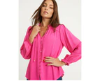ROCKMANS - Womens Tops -  Puff Sleeve Lace Detail Tie Top - Hot Pink