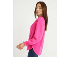 ROCKMANS - Womens Tops -  Puff Sleeve Lace Detail Tie Top - Hot Pink