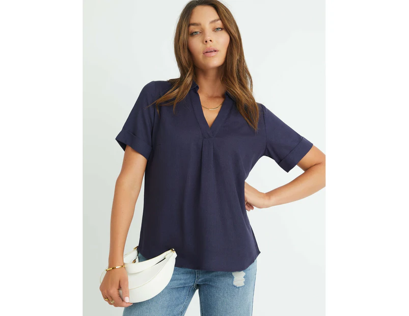 ROCKMANS - Womens Tops -  Linen Slouch Short Sleeve Shirt - Blue