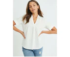 ROCKMANS - Womens Tops -  Linen Slouch Short Sleeve Shirt - White