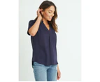 ROCKMANS - Womens Tops -  Linen Slouch Short Sleeve Shirt - Blue