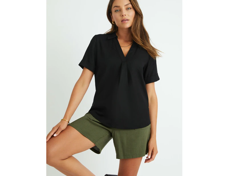 ROCKMANS - Womens Tops -  Linen Slouch Short Sleeve Shirt - Black