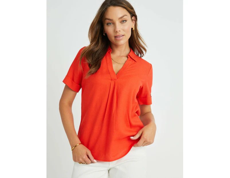 ROCKMANS - Womens Tops -  Linen Slouch Short Sleeve Shirt - Orange