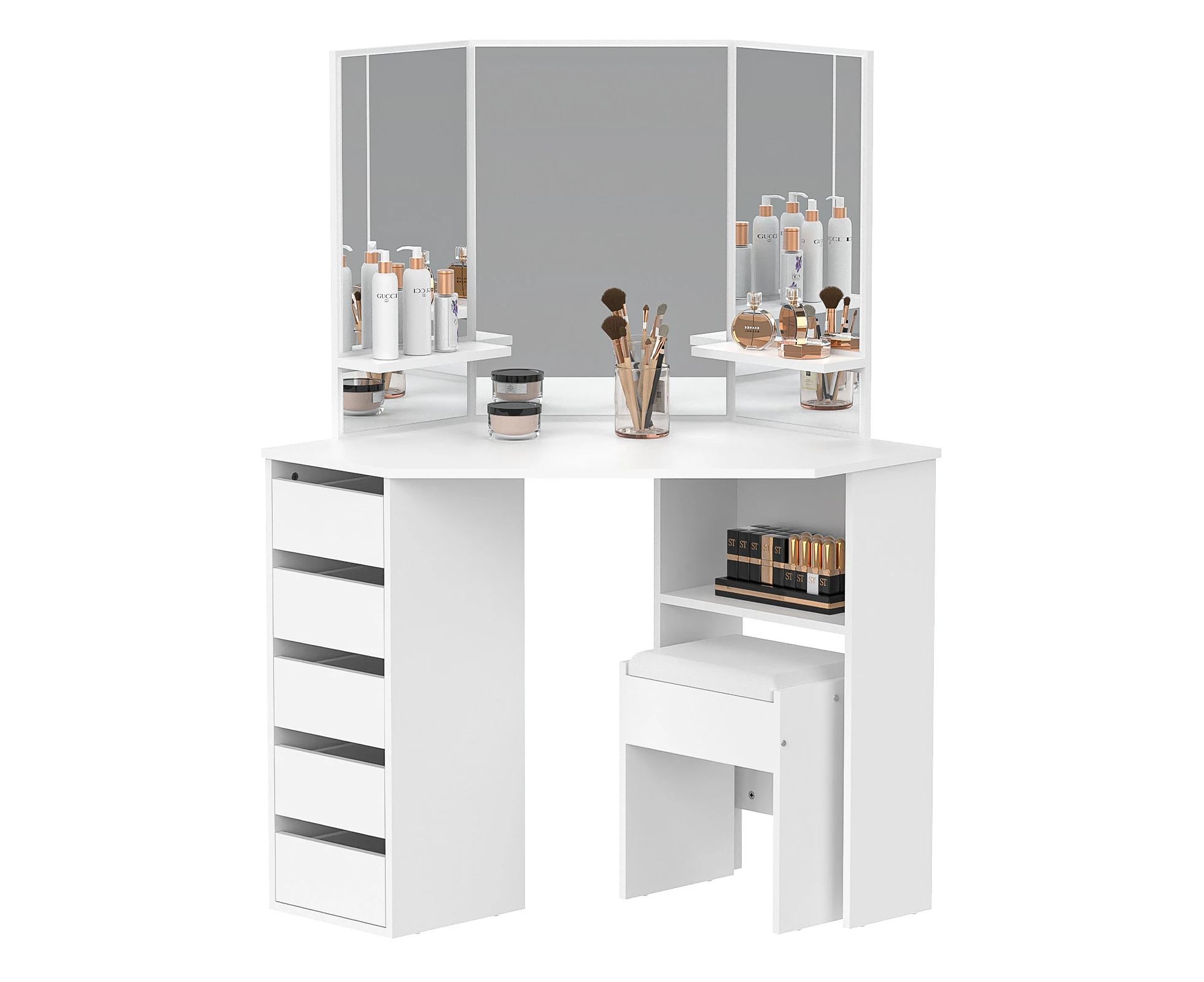 Ufurniture Dressing Table Set Makeup Mirror Corner Vanity Desk 5 Drawers Thick Cushioned Stool White