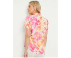 NONI B - Womens Tops - Short Sleeve Print Linen Shirt - Pink