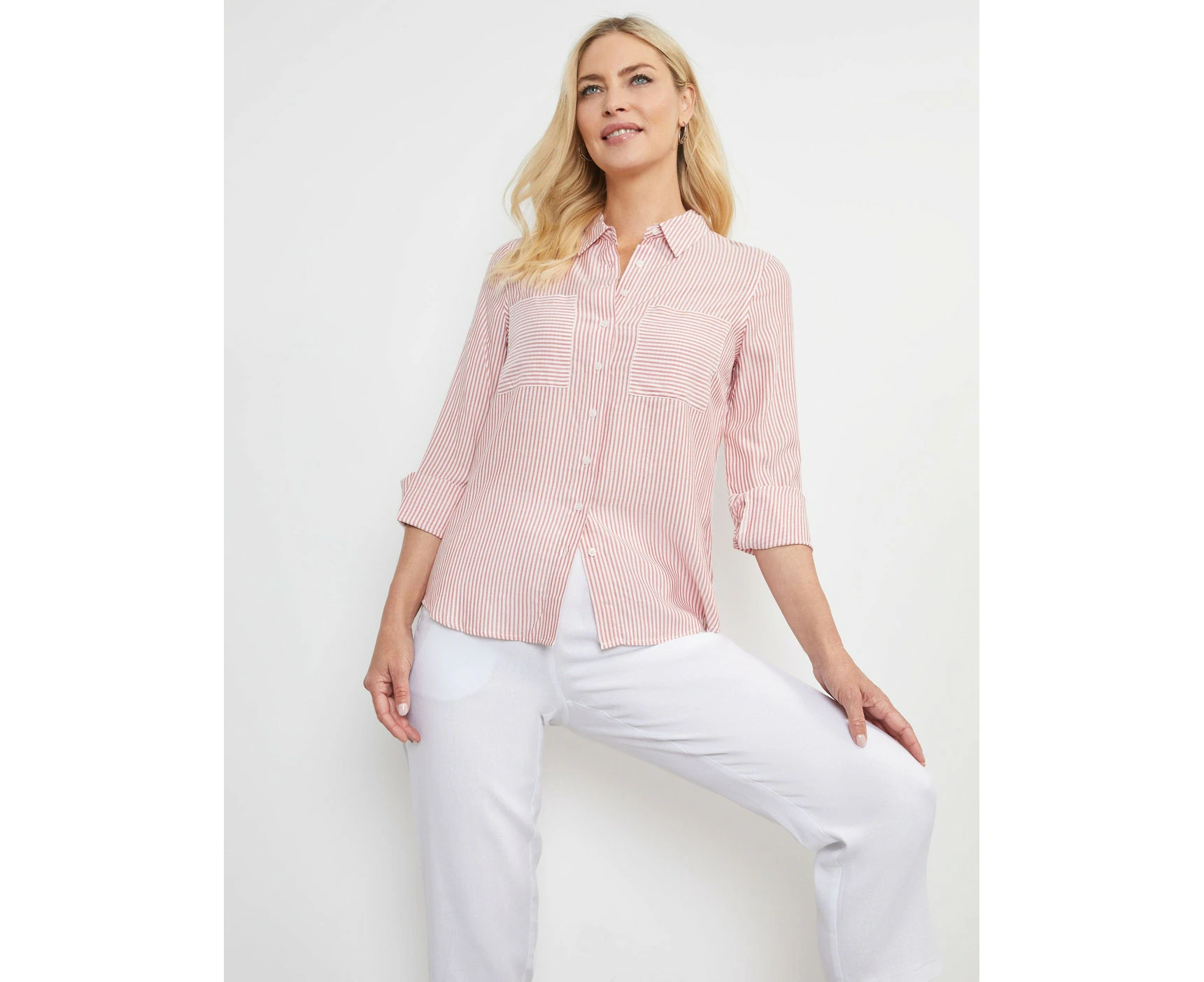 Noni B - Womens - Tops - Summer - Blouse / Shirt - Pink - Long Sleeve - Striped True Red - Length Long - Casual Fashion - Office Wear - Work Clothes