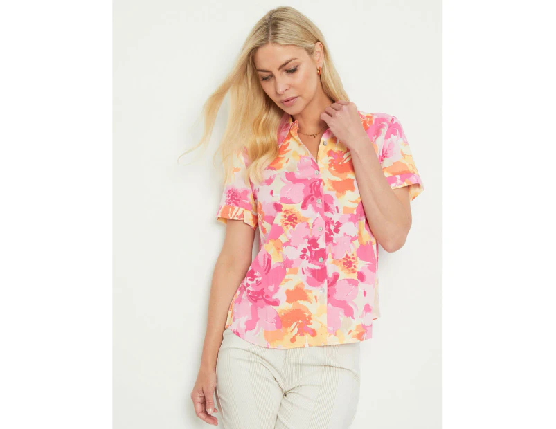 NONI B - Womens Tops - Short Sleeve Print Linen Shirt - Pink