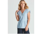 ROCKMANS - Womens Summer Tops - Blue Blouse / Shirt - Cotton - Smart Casual - Forget Me Not - Relaxed Fit - Short Sleeve - V Neck - Regular Work Wear - Blue