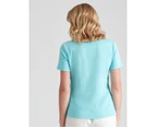 Noni B - Womens Summer Tops - Blue Blouse / Shirt - Cotton - Casual Clothing - Aqua Splash - Short Sleeve - Regular - Lace - Rib - Office Fashion - Blue