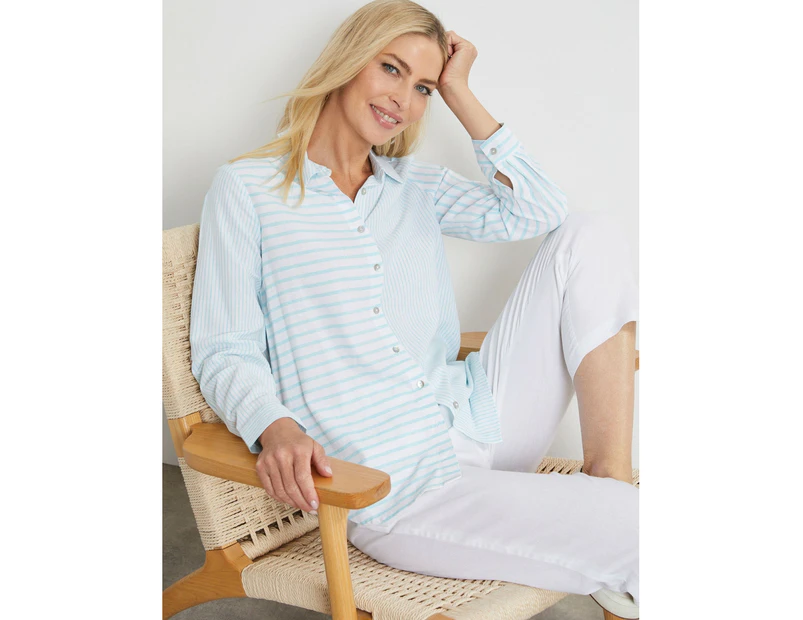 NONI B - Womens Tops -  Stripe Linen Shirt - Blue