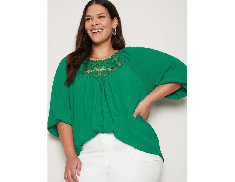AUTOGRAPH - Plus Size - Womens Tops -  Bracelet Sleeve Lace Trim Peasant Top - Emerald