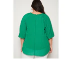 AUTOGRAPH - Plus Size - Womens Tops -  Bracelet Sleeve Lace Trim Peasant Top - Emerald