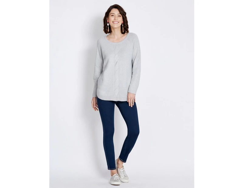 ROCKMANS - Womens Tops -  Long Sleeve Cable Stitch Lurex Stud Knitwear Top - Grey