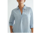 KATIES - Womens Tops -  Short Sleeve Cotton Blend Longline Shirt - Blue/White Stripe