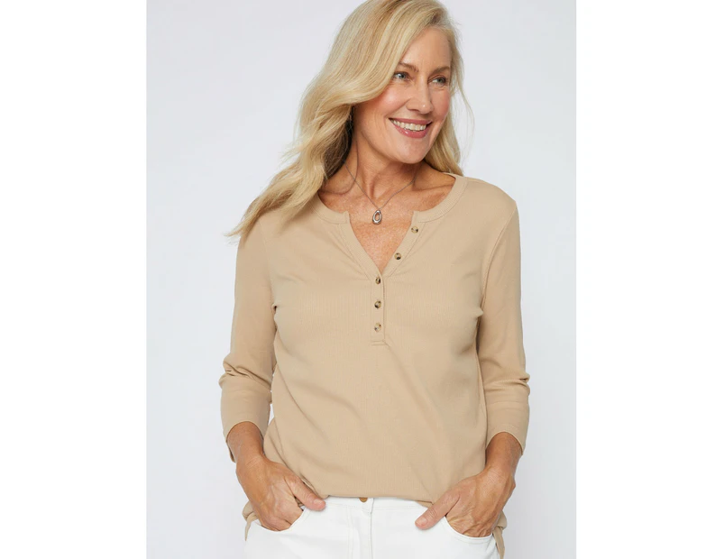 MILLERS - Womens Tops -  3/4 Sleeve Ribbed T-Shirt - Neutral