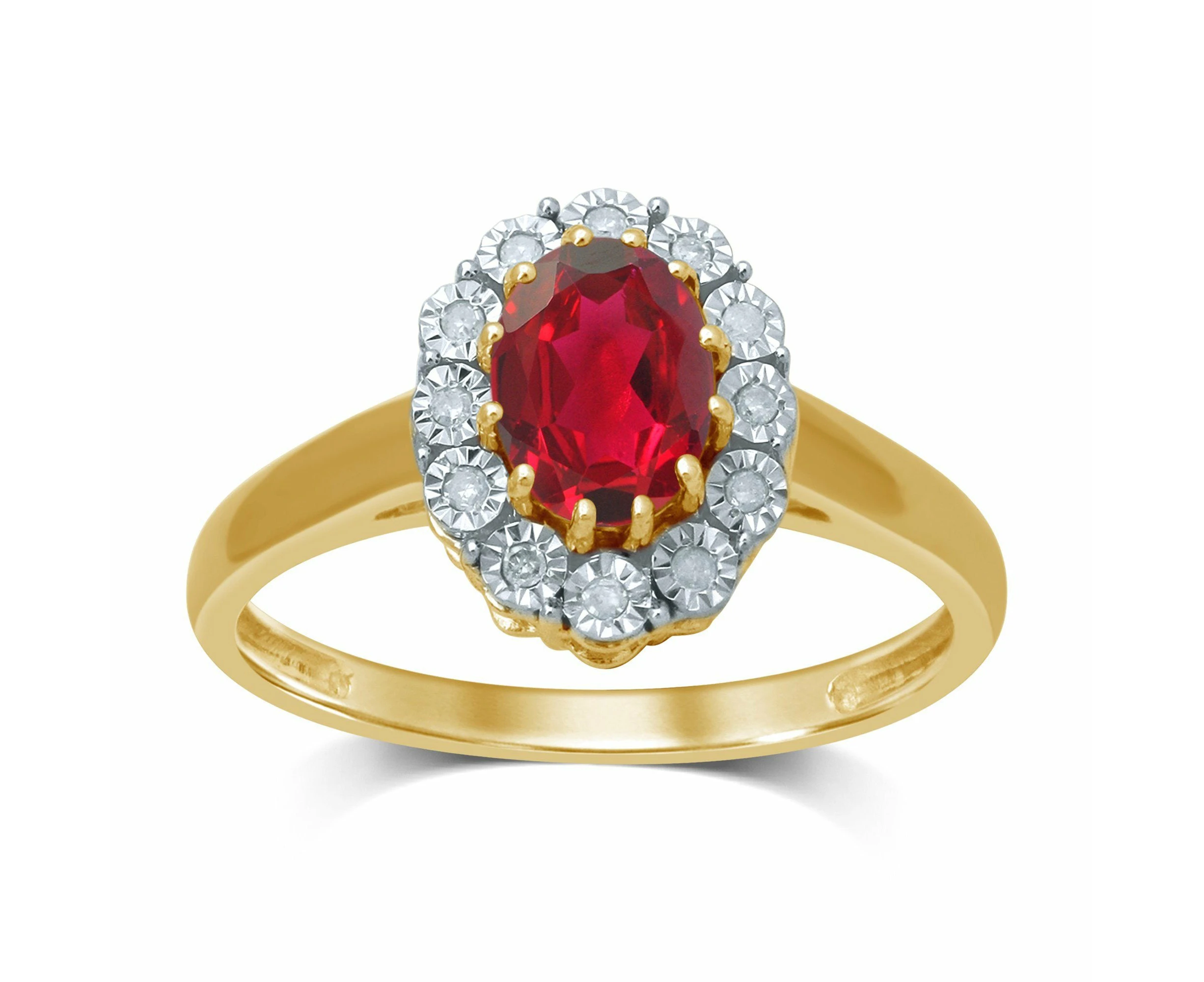 Bevilles Diamond Set Oval Created Ruby Ring in 9ct Yellow Gold