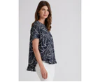 W LANE - Womens Summer Tops - Blue Blouse / Shirt - Linen - Floral - Casual - Relaxed Fit - Short Sleeve - Crew Neck - Long - Office Wear Work Clothes - Blue