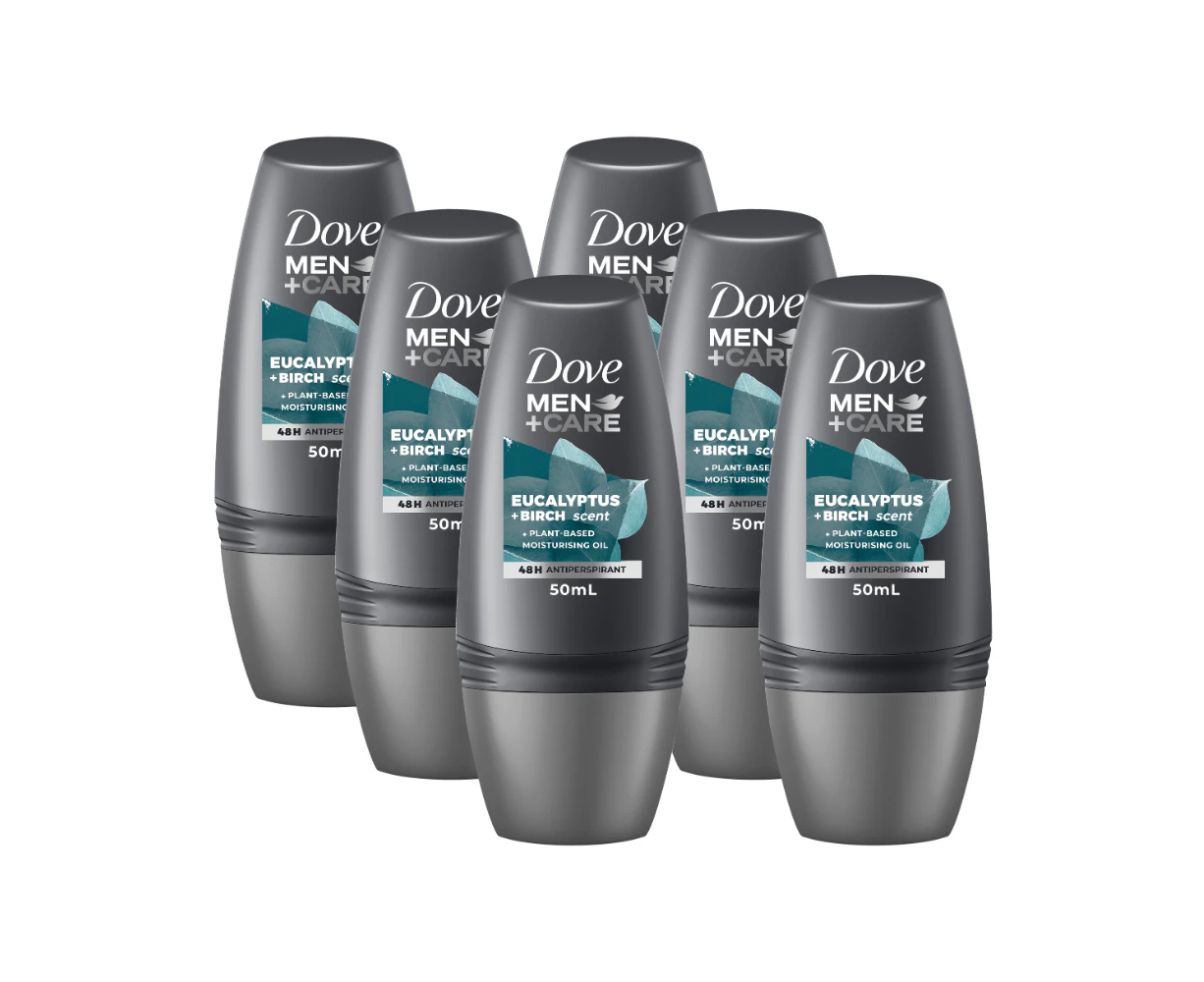 6 x Dove Men+Care Deodorant Roll On Eucalyptus & Birch Scent 50mL