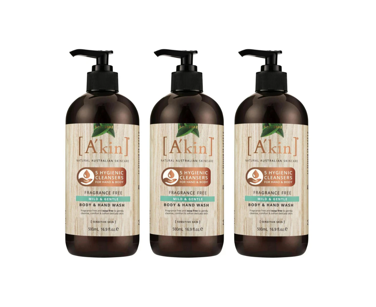 3 x A'kin Fragrance Free Mild & Gentle Body & Hand Wash 500mL