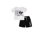 Girls and Boys Cotton Set 2 Piece Short Sleeve and Shorts Set Kids Cartoon Tee Tops Sets-White
