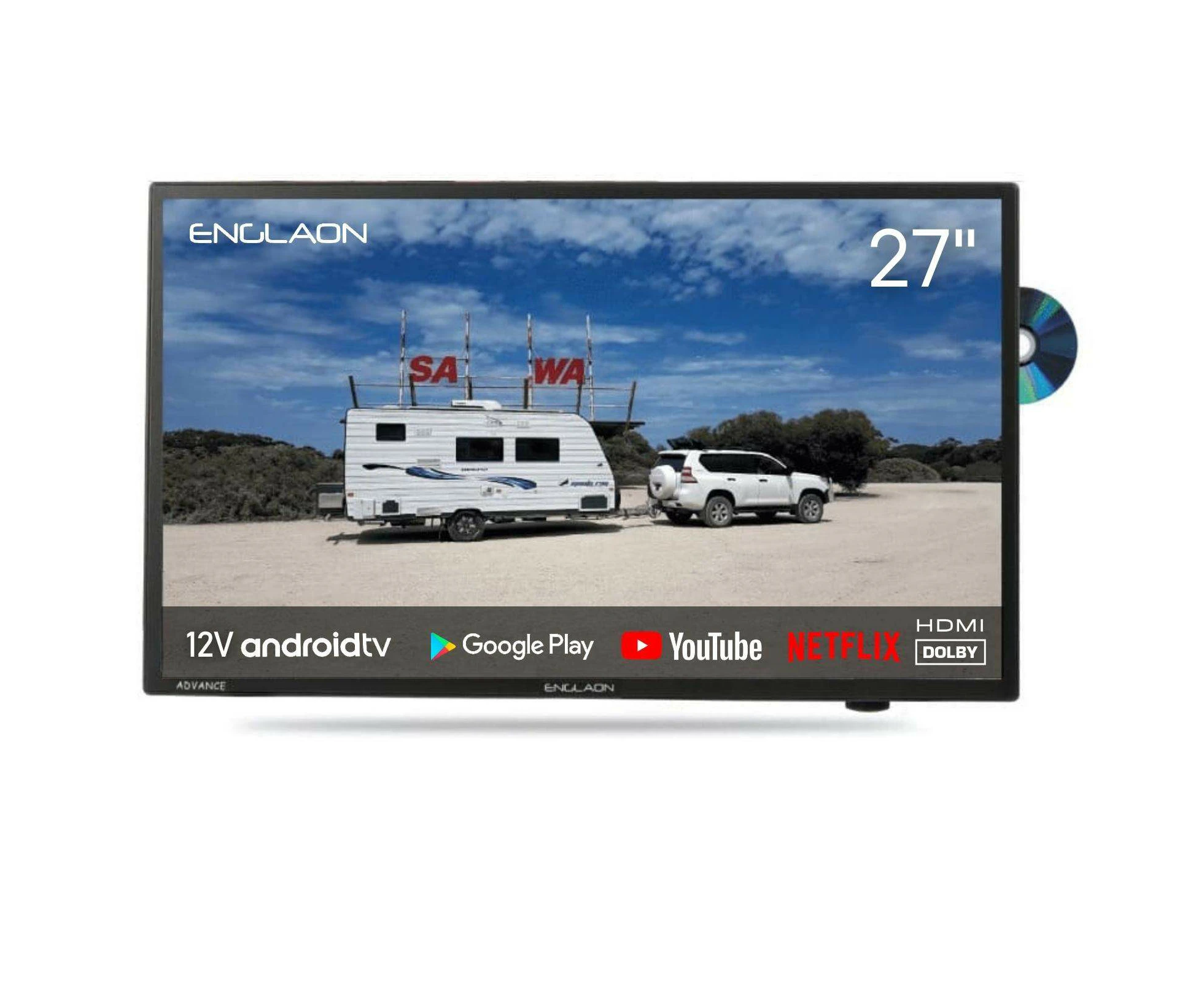 ENGLAON 27" Full HD Android Smart 12V TV with Built-in DVD player & Chromecast