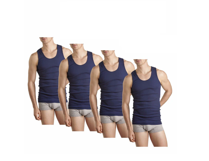 Men Bonds Chesty 4 Pairs Singlets Muscle Tank Top Blue Navy Work Tough Shirt Singlet Cotton - Navy