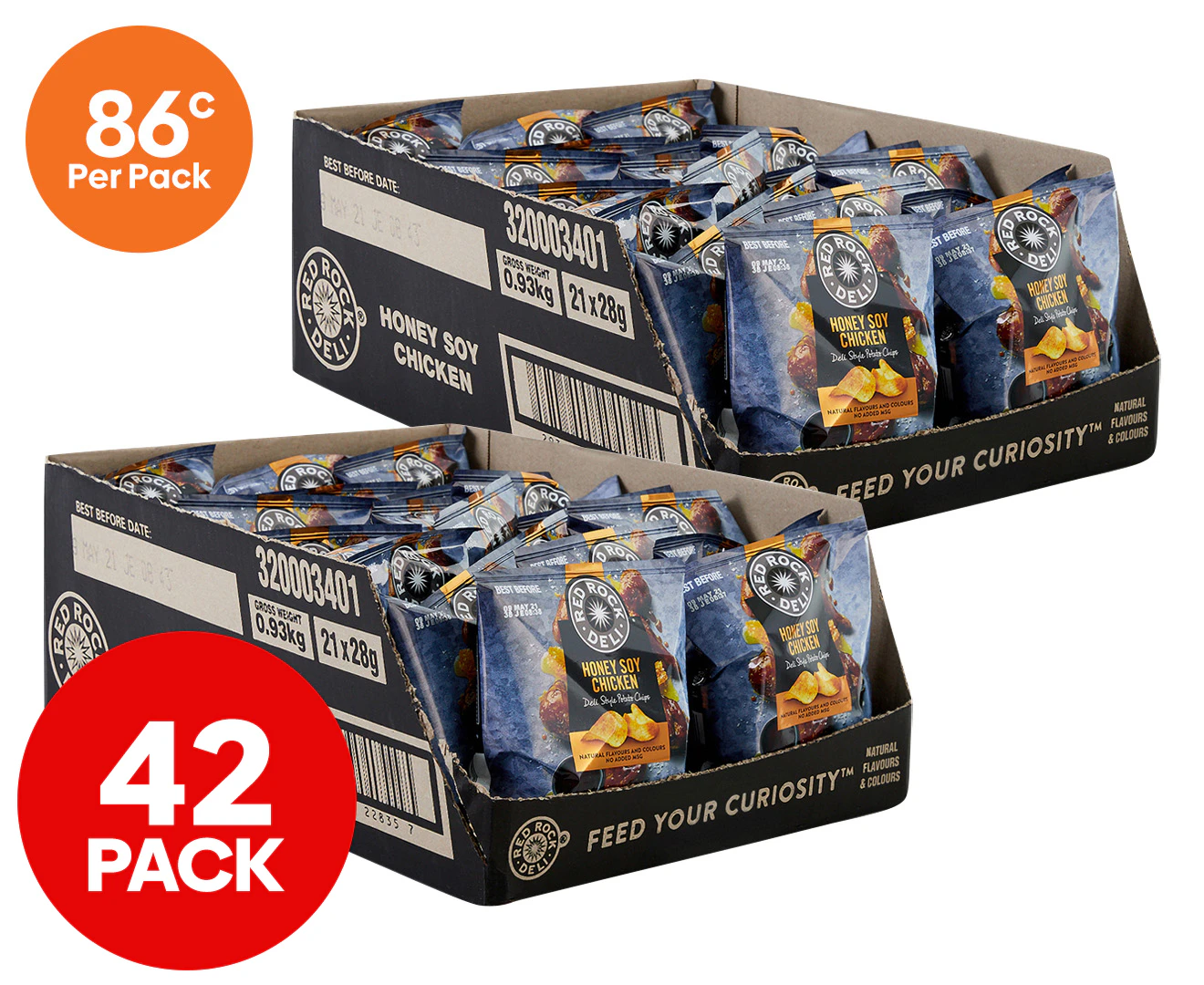 2 x 21pk Red Rock Deli Potato Chips Honey Soy Chicken 28g