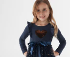 Gem Look Girls' Sequins Heart Long Sleeve Tutu Dress - Navy