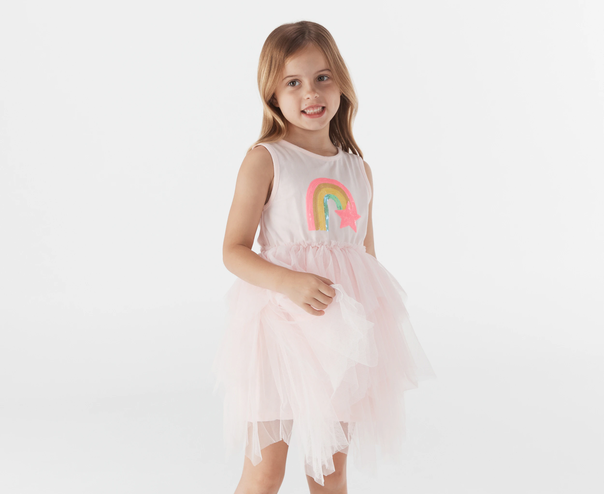 Gem Look Girls' Sequin Rainbow Layered Tutu Dress - Soft Pink