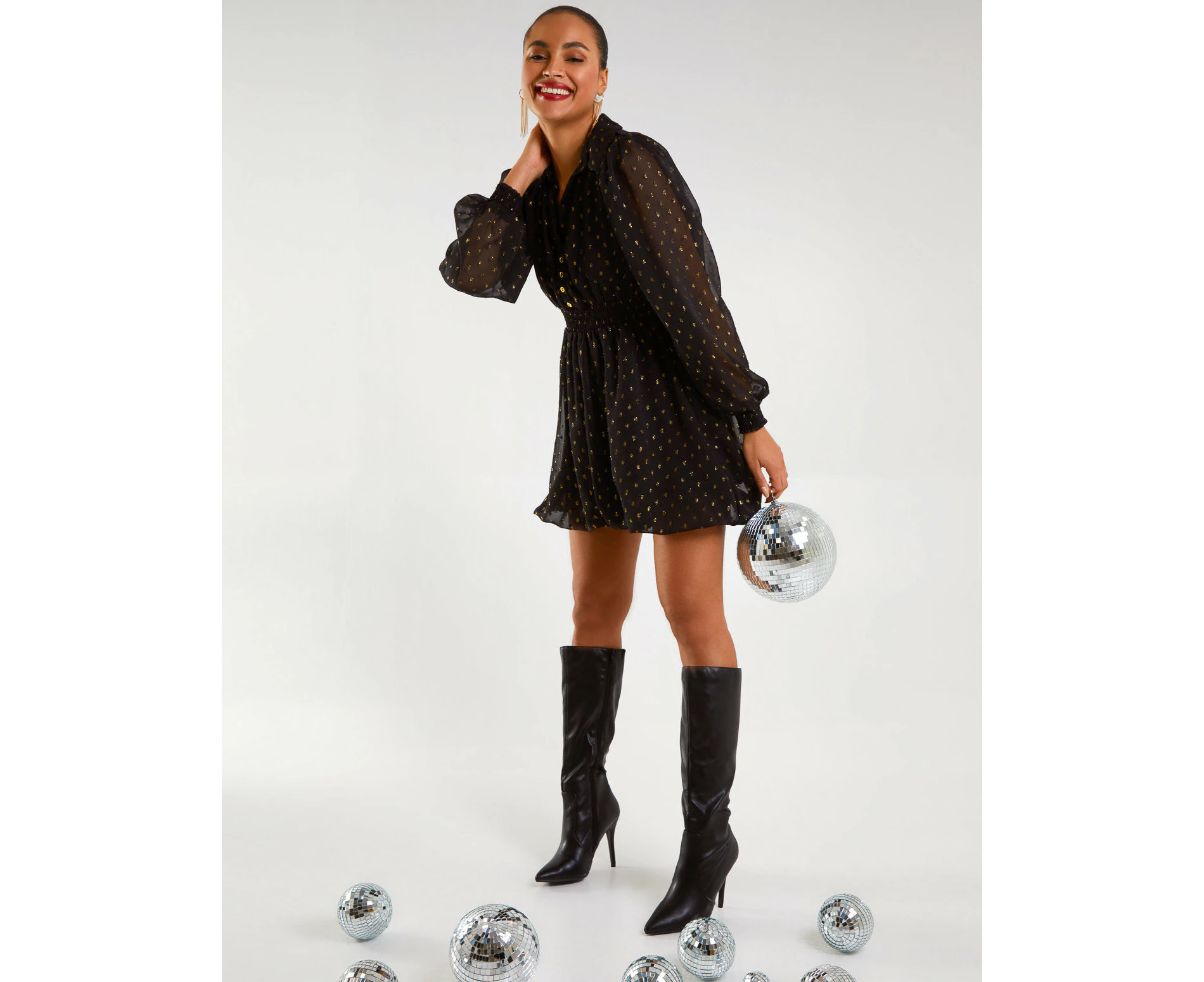 Blue Vanilla Shirred Waist & Puff Hem Shirt Dress - BLACK
