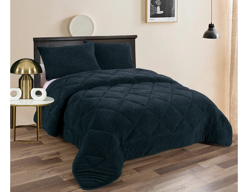 Ramesses Fluffy Soft Teddy Fleece 3pc Comforter Set | Ultra Warm Bedding Fluffy Comforter | 4 Sizes - 6 Colours - Navy