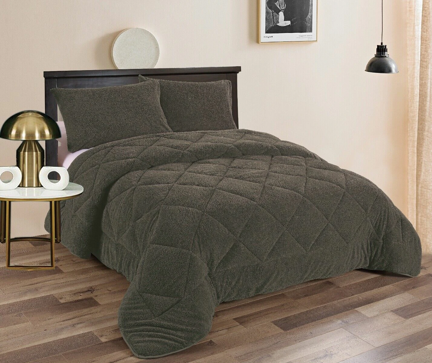 Ramesses Fluffy Soft Teddy Fleece 3pc Comforter Set | Ultra Warm Bedding Fluffy Comforter | 4 Sizes - 6 Colours - Charcoal