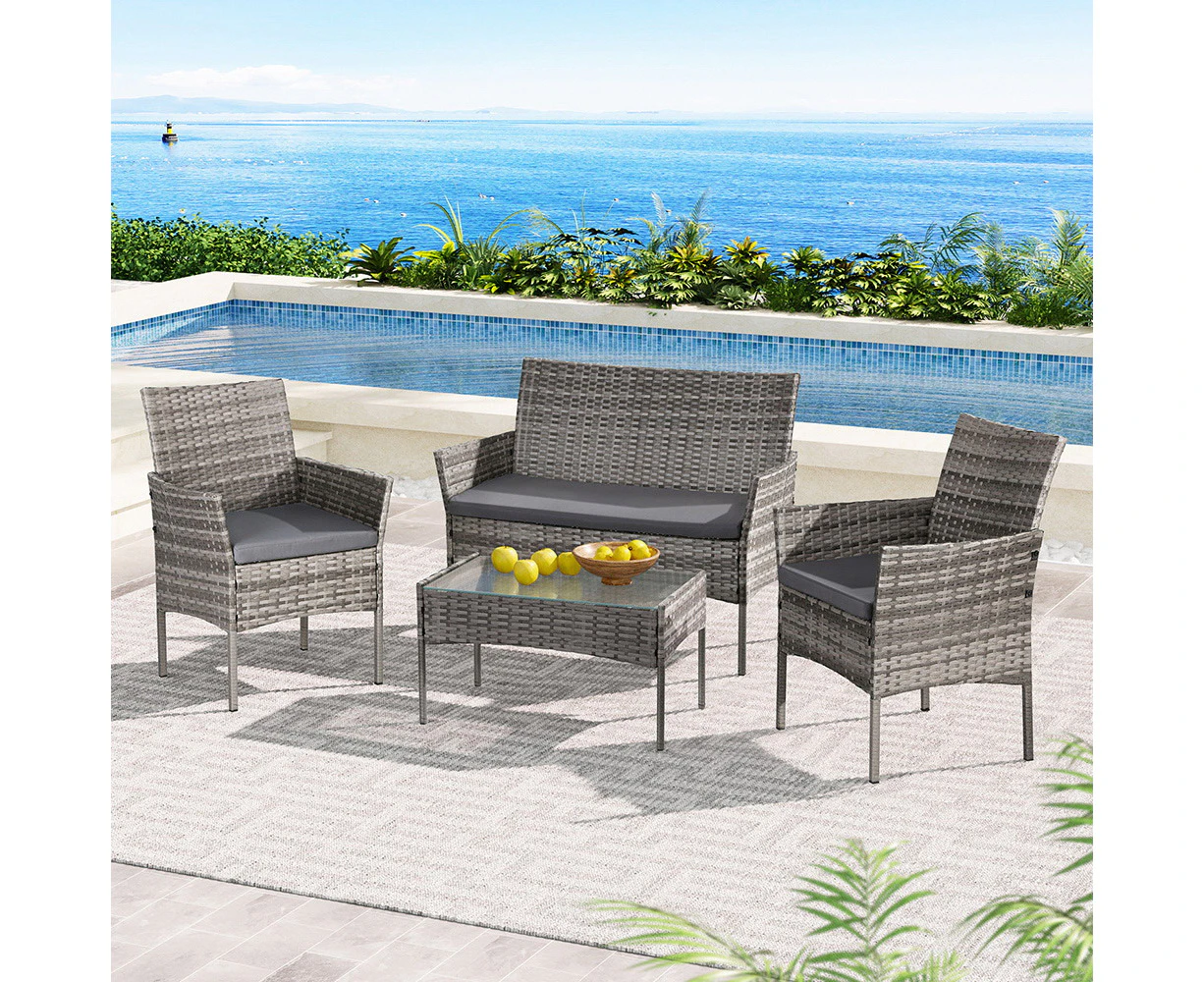 Gardeon 4 Seater Outdoor Sofa Set Wicker Setting Table Chair Furniture Grey