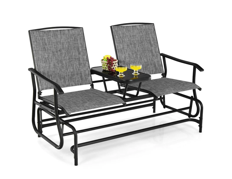 Costway Double Swing Glider Chair Patio Rocking Loveseat w/Center Tempered Glass Table Outdoor Furniture Grey