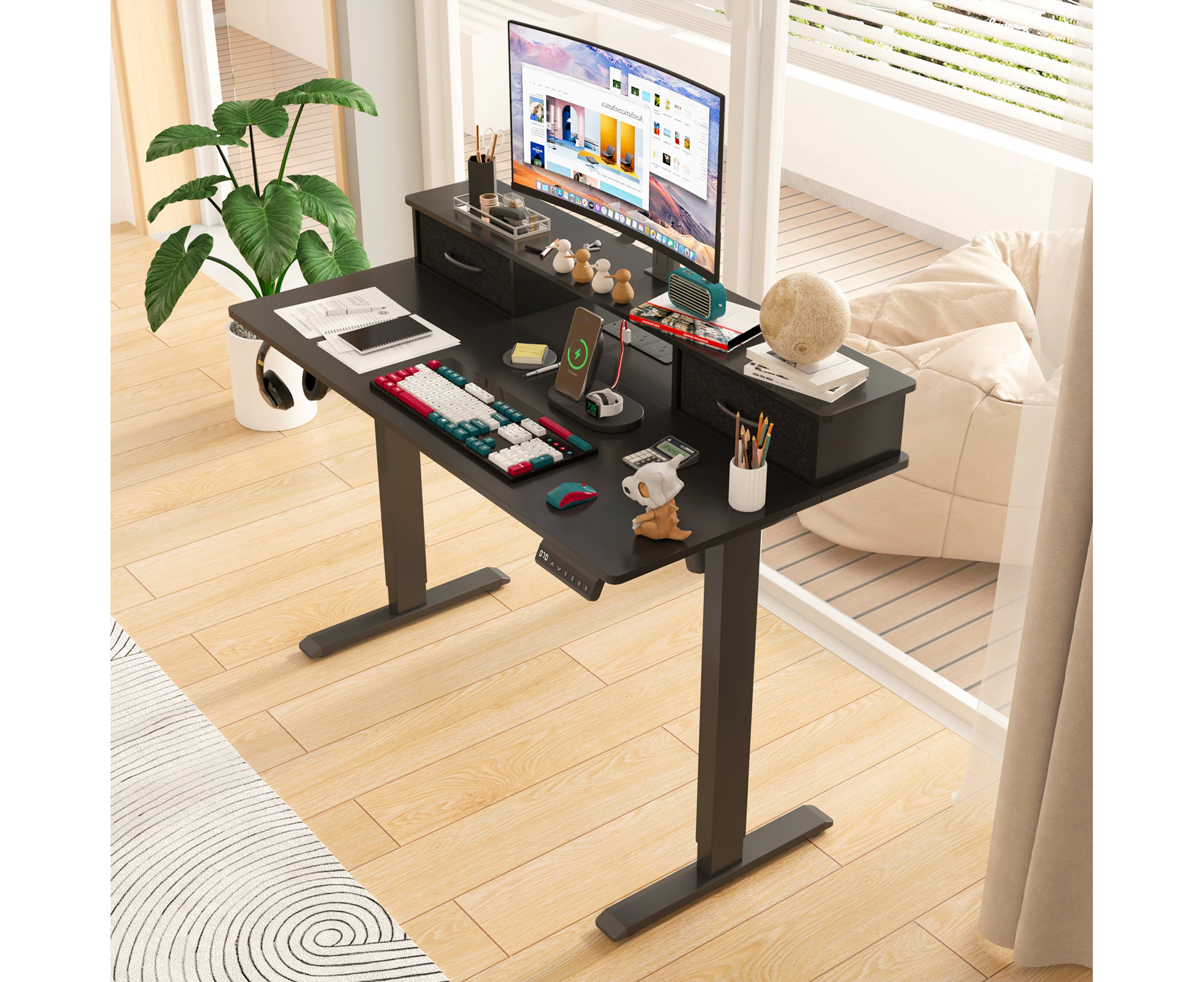 Advwin Electric Standing Desk Adjustable Height Sit Stand up Desk with Monitor Stand and 2 Fabric Drawers Black