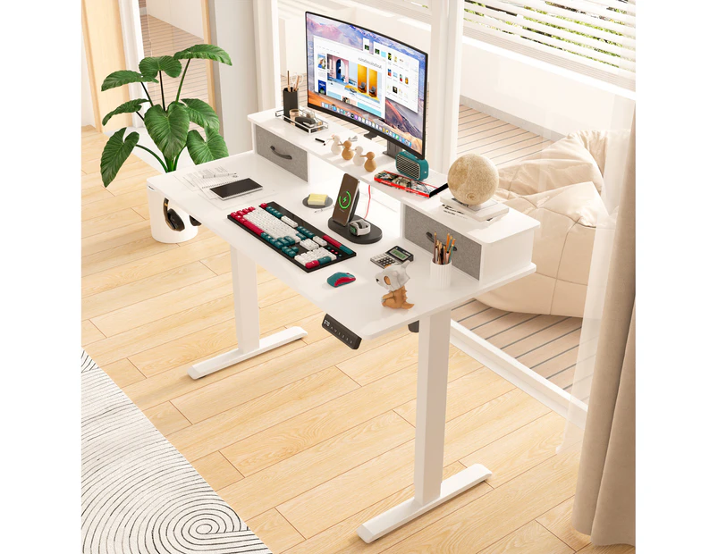 Advwin Electric Standing Desk Adjustable Height Sit Stand up Desk with Monitor Stand and 2 Fabric Drawers White