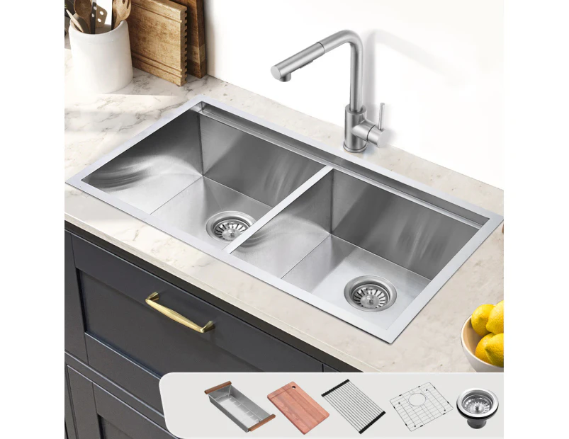 Simplus Stainless Steel Kitchen Workstation Sink 82x45CM Laundry Undermount Double Bowl Set Silver