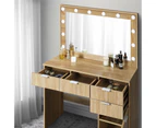 Oikiture Dressing Table Stool Set Makeup Large Mirror Dresser 12 LED Bulbs Oak