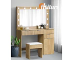 Oikiture Dressing Table Stool Set Makeup Large Mirror Dresser 12 LED Bulbs Oak